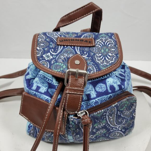 Vintage UnionBay Mini Backpack Canvas Paisley Blue w/ Brown 8x9x4 Inch - Picture 1 of 6